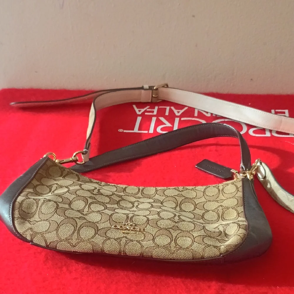 Coach Signature Tan and Brown Shoulder Bag - Picture 1 of 9